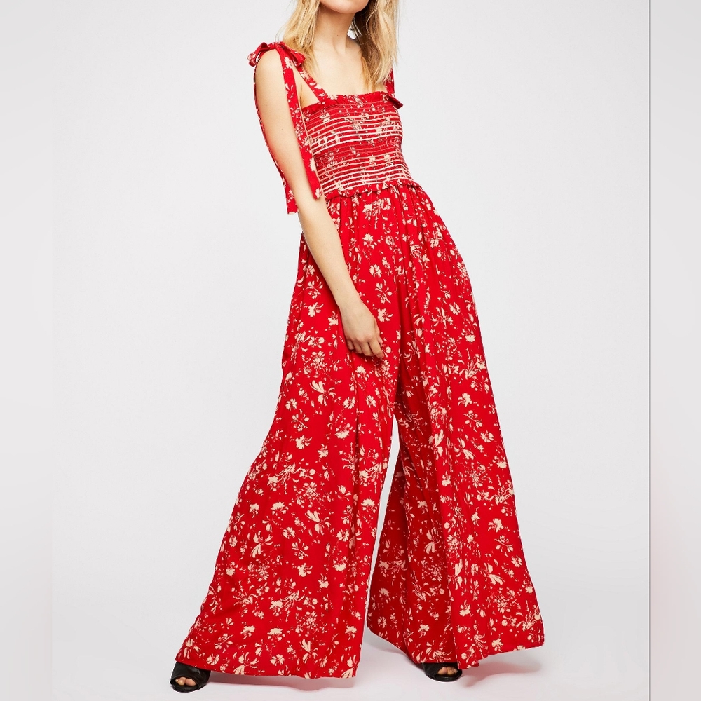 Free People Color My World Floral Wide Leg Jumsuit Smocked Boho Cottagecore Sz S